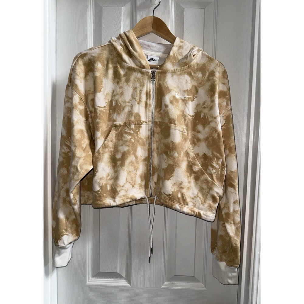 Nike Cropped Tie Dye Full Zip Hoodie Beige Cream M Drawstring Waist Athletic